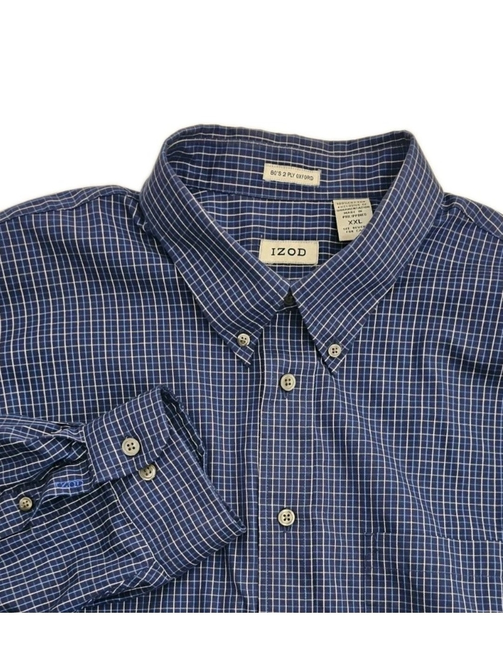 IZOD Men's Dress Shirt Long Sleeve Blue Plaid Button-Down XXL 80's 2 Ply OXFORD